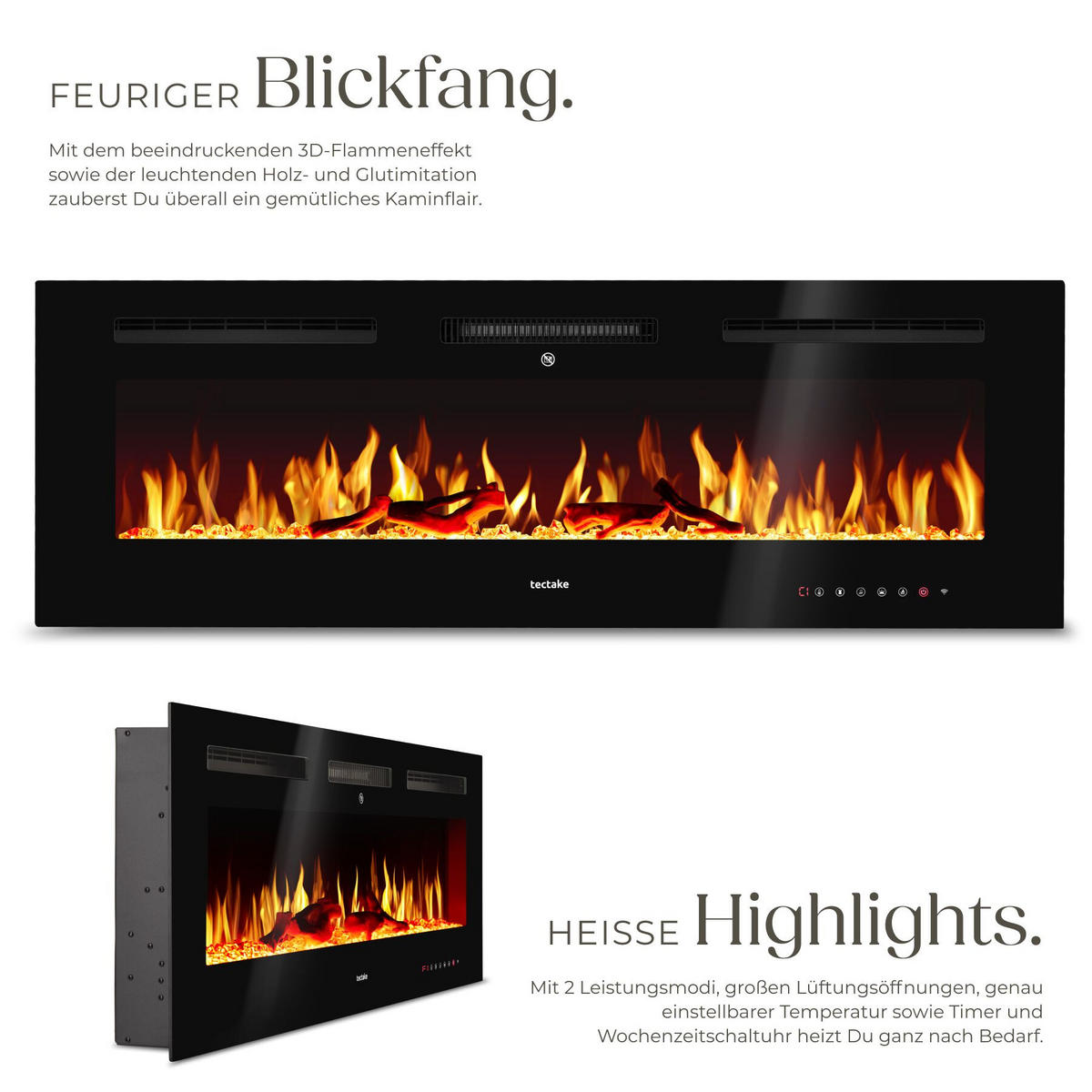 ELEKTRO-WANDKAMIN Luci, mit Fernbedienung und App-Steuerung, integriertes Thermostat, schwarz - Schwarz, Metall (127/43/12cm) - tectake