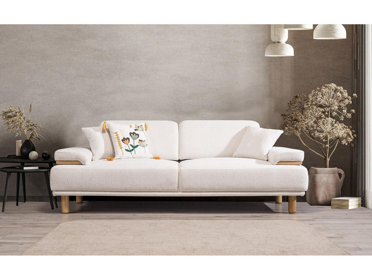SOFA Bodrum Wood 3-Sitzer Teddy Creme - Creme, Holz/Textil (235/83/97cm) - Villa Möbel