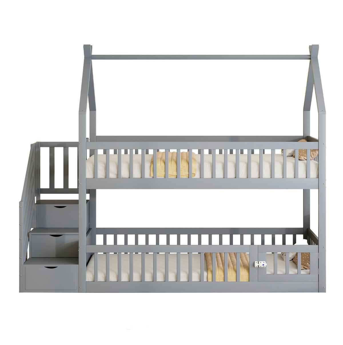 ETAGENBETT 90/200 cm mit Dach, Sicherheitstreppe und Schubladen, Grau - Grau, Holzwerkstoff (90/200cm) - Redom