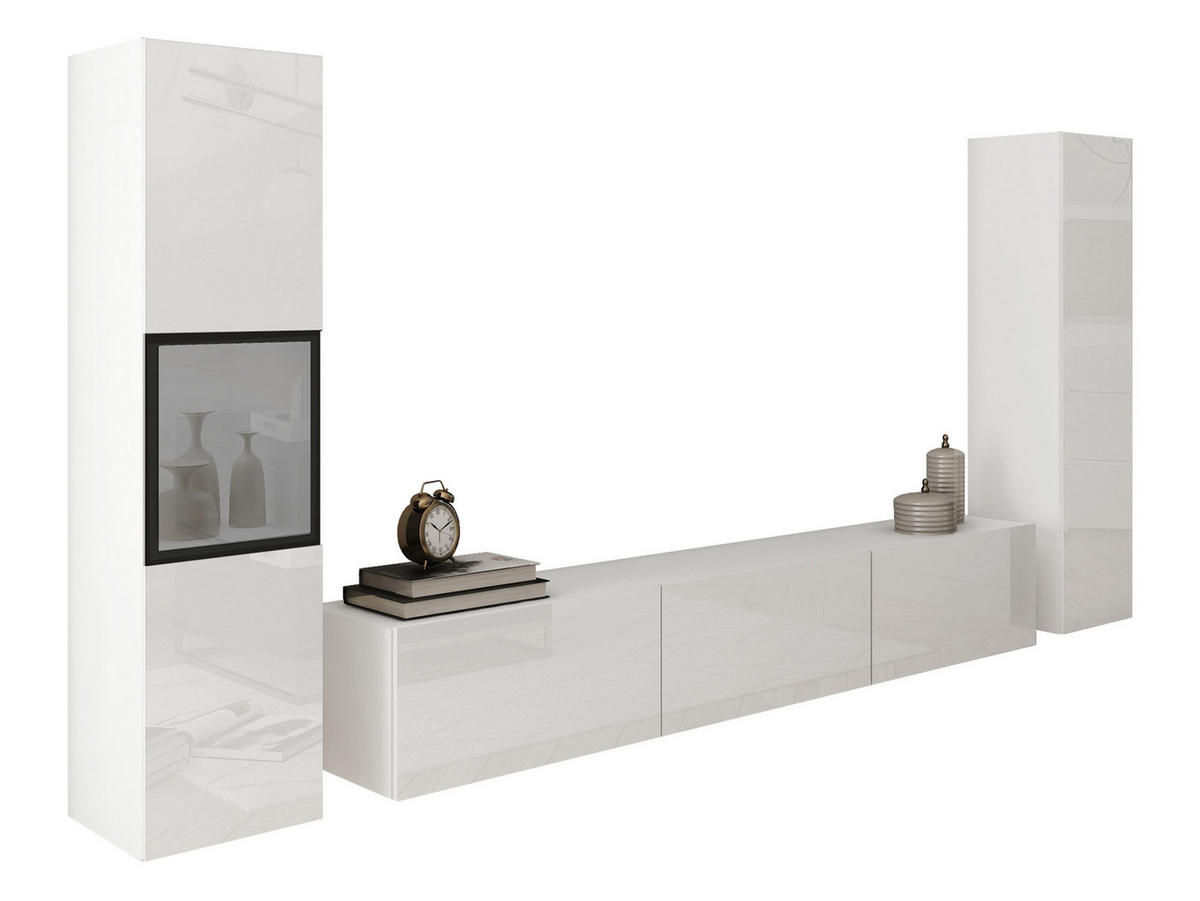 WOHNWAND Berlin III - Weiß Hochglanz/Alufarben, Holzwerkstoff/Kunststoff (180/30/33cm) - MIRJAN24