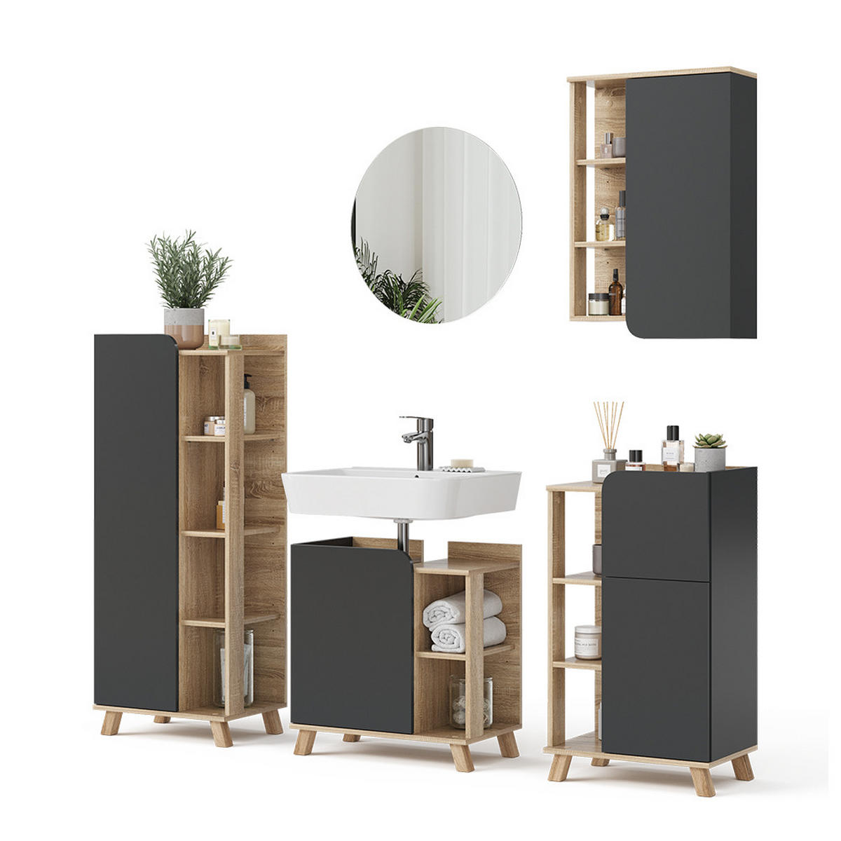 BADMÖBEL-SET Karen Anthrazit 5 Teile - Anthrazit/Sonoma Eiche, Holzwerkstoff (60/65/35cm) - Vicco