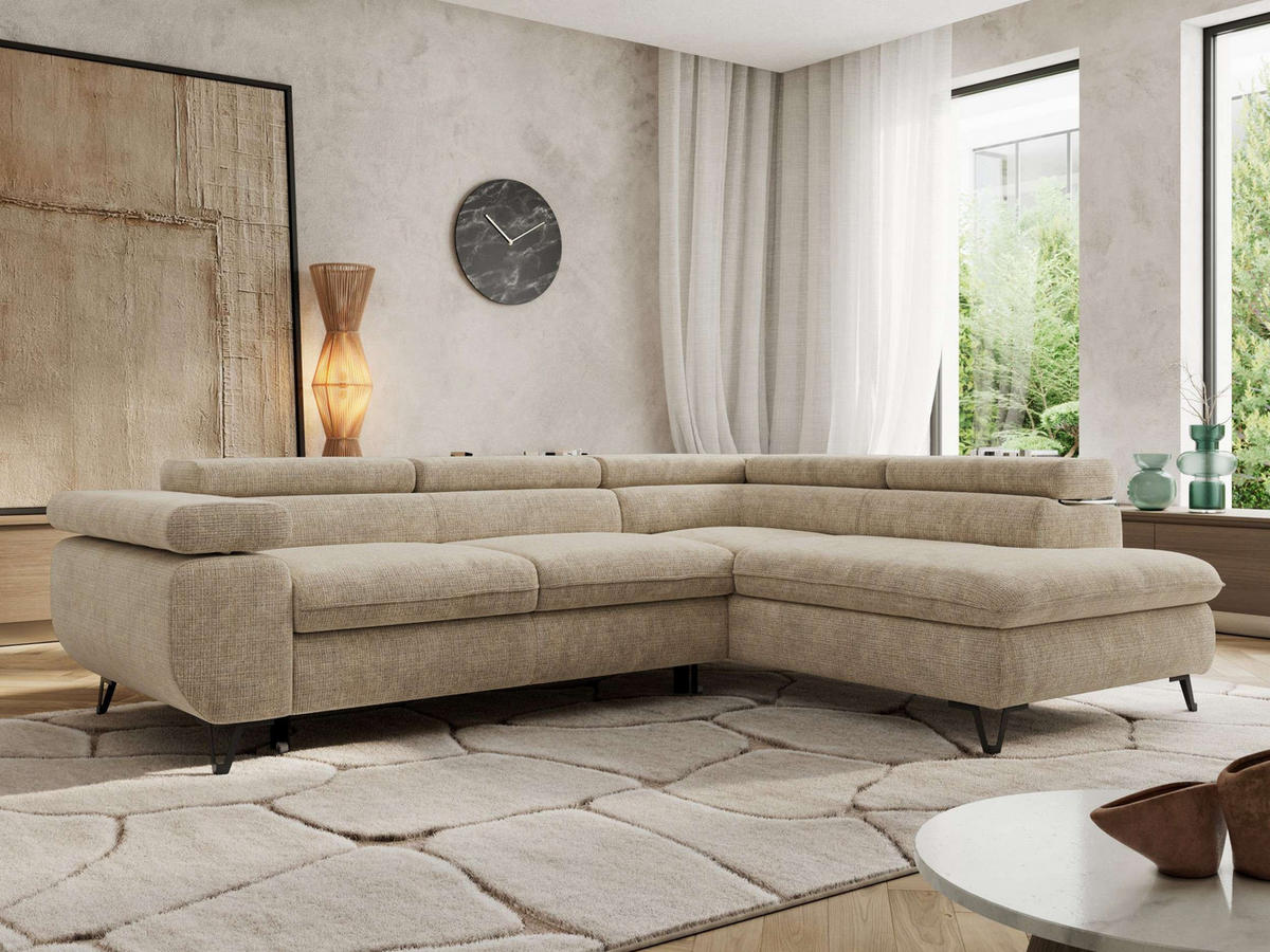 ECKSOFA PABLO L Beige Schenille grob gewebt - Rechts Seite - Beige/Schwarz, Textil/Metall (273/208cm) - MKS