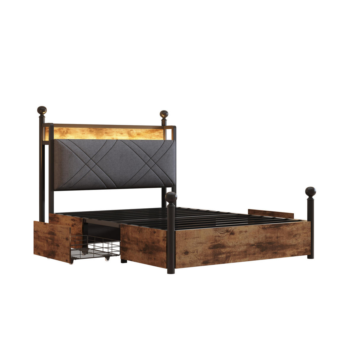 HIMMELBETT aus Metall 90x190 cm Schwarz mit LED, USB-/Typ-C-Anschlüssen und 2 Stauraumkörben - Schwarz, Metall (90/190cm) - Modfu