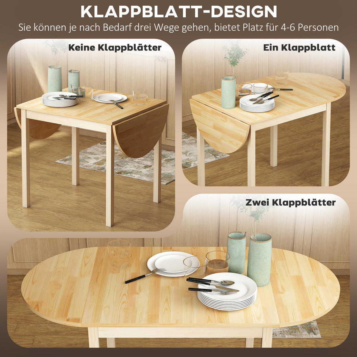 ESSTISCH Klappbar Küchentisch für 6 Personen mit Drop-Leaf-Design - Naturfarben, Holz (140/70/75cm) - HOMCOM