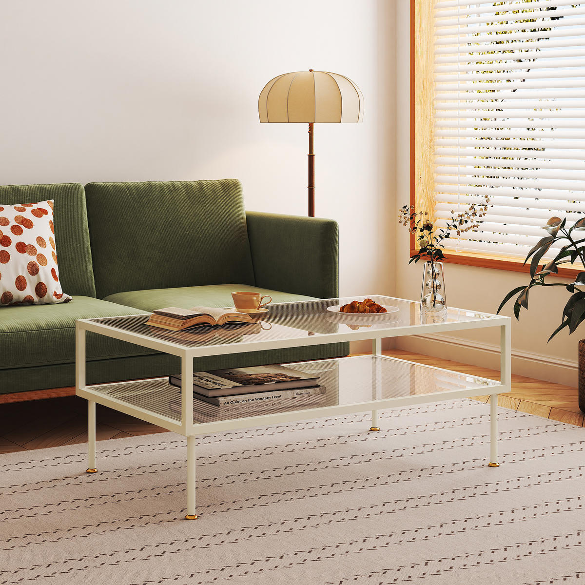 KONFERENČNÍ STOLEK Lindau 100/50/46 cm - krémová, kov/sklo (50/100/46cm) - [en.casa]