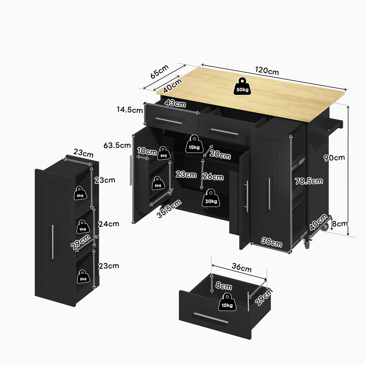 MOBILER Kücheninselwagen 120x65x90cm Schwarz mit Auszug, Klappplatte & 5 Rollen - Schwarz, Holzwerkstoff (120/90/65cm) - Modfu