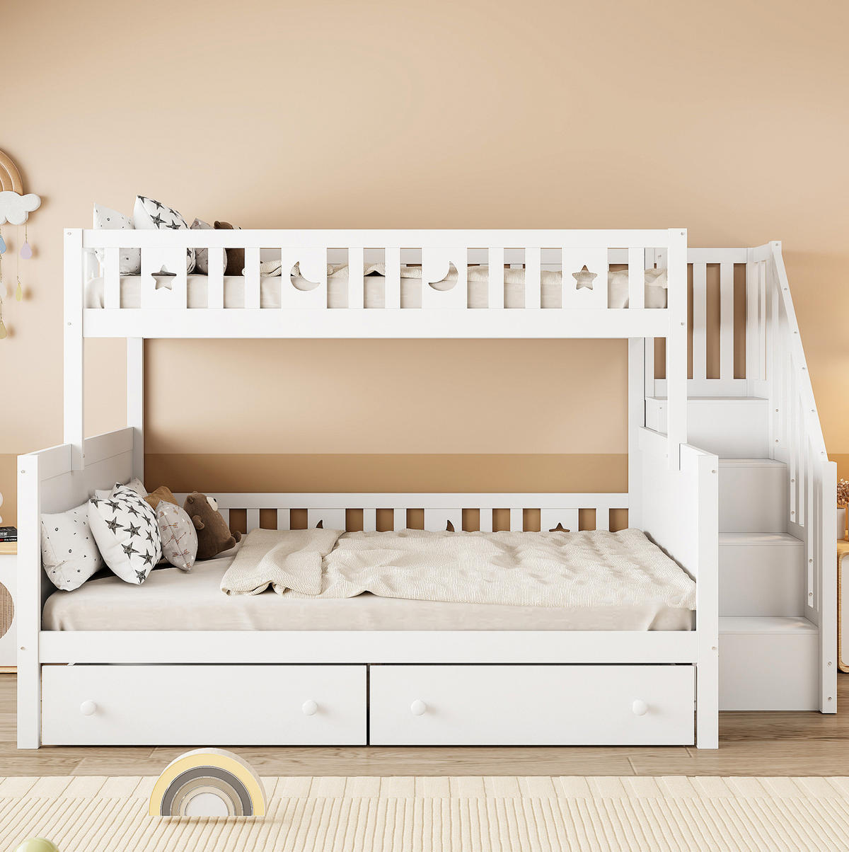 POSCHODOVÁ posteľ 90/200 a 140/200 cm biela s úložnými schodmi a zásuvkami z masívneho dreva - biela, drevo (90/200cm) - OKWISH