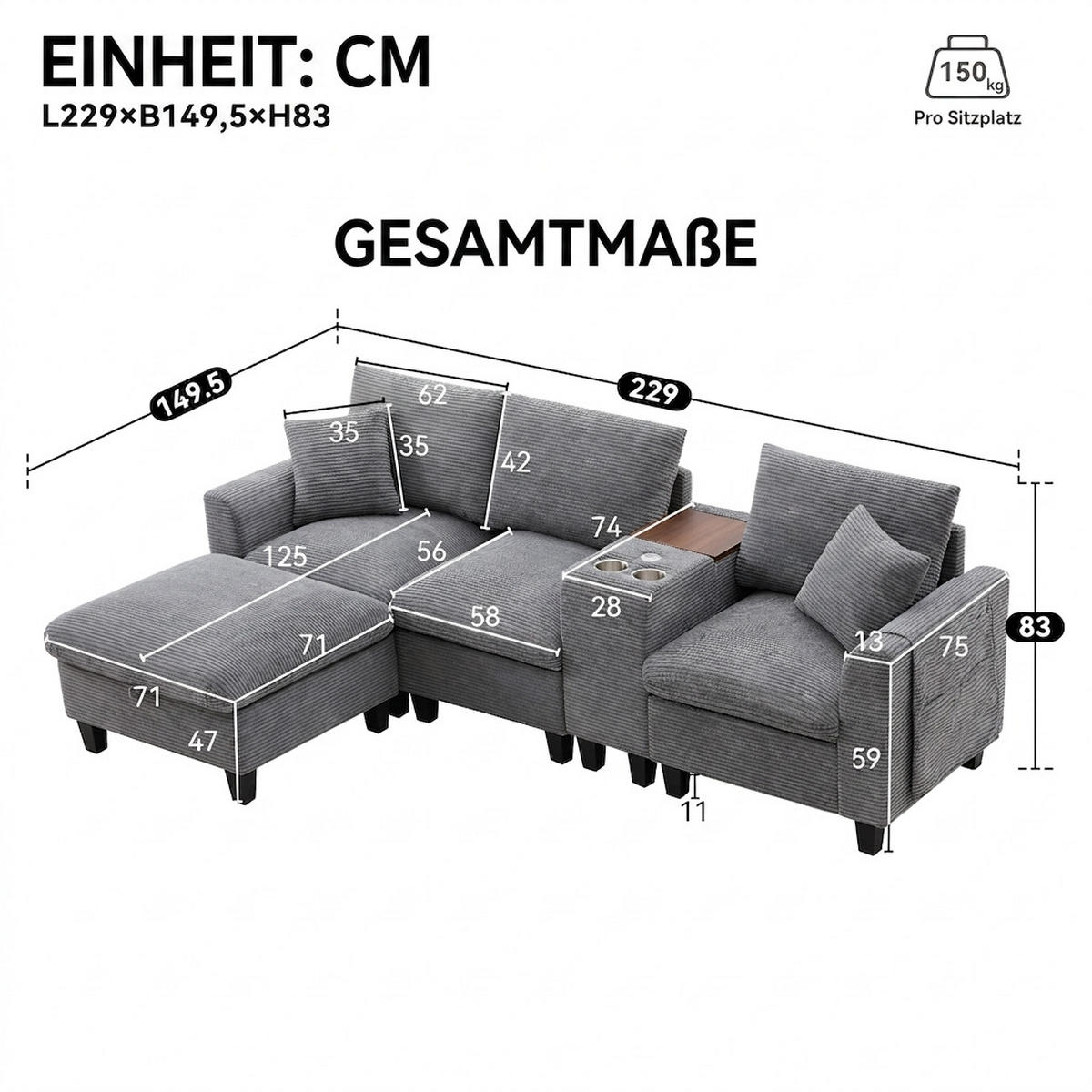ECKSOFA 229/149.5/83 cm Grau mit Konsole, 2 Becherhaltern, USB und Aufbewahrungstasche - Grau, Kunststoff/Textil (229/149.5cm) - Oxeza