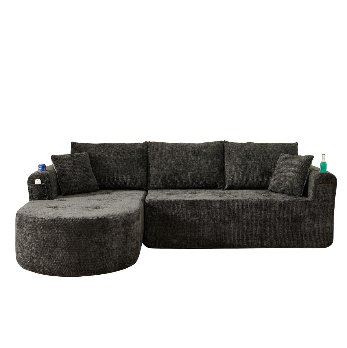 ECKSOFA L-Form Schwarz mit Becherhalter und Seitentaschen - Schwarz, Textil (170/255cm) - Meubliv