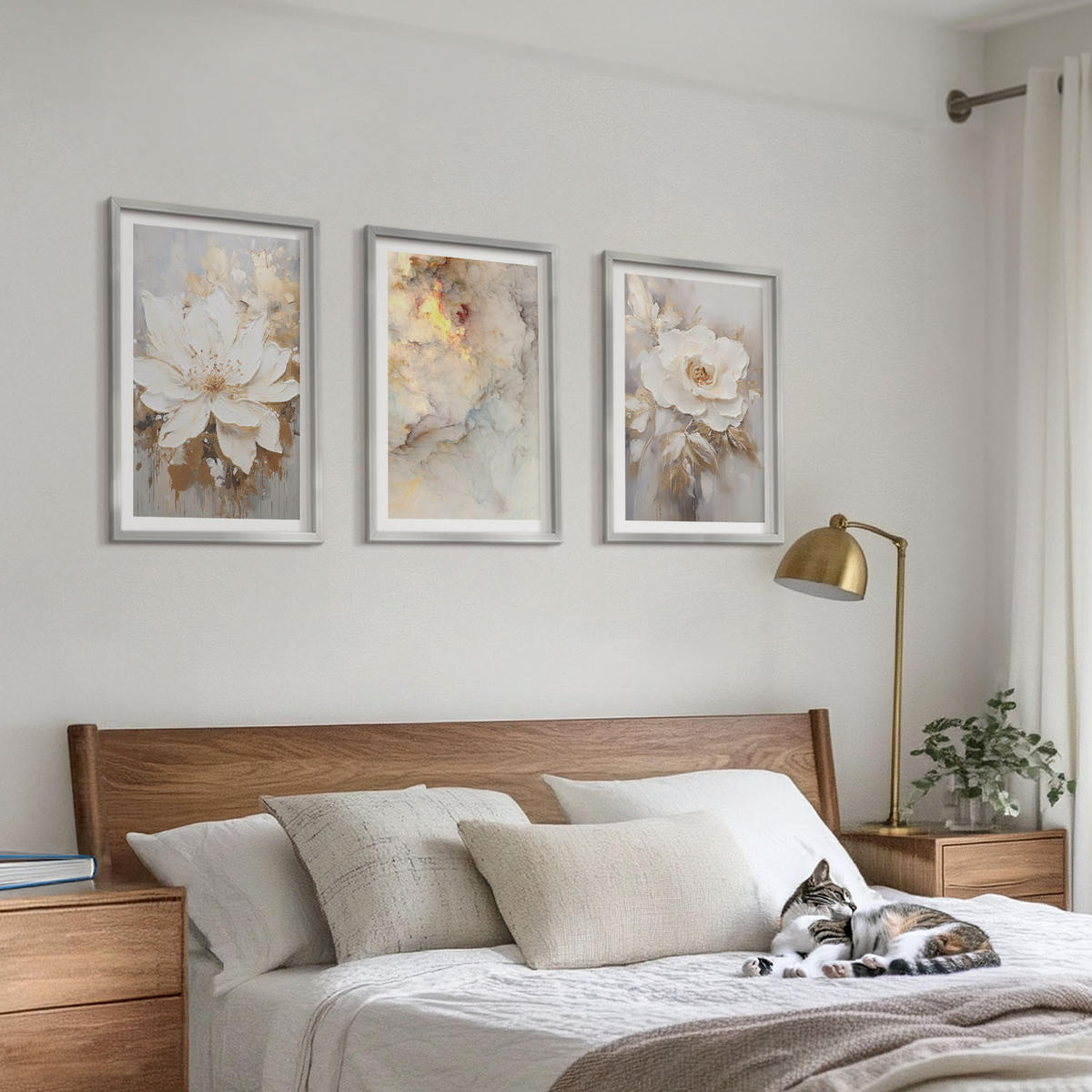 BILDER SET 3er Set - 40x60 cm Silberner Rahmen - Blumen heller abstrakter Hintergrund - Silberfarben, Kunststoff (40/60cm) - TULUP