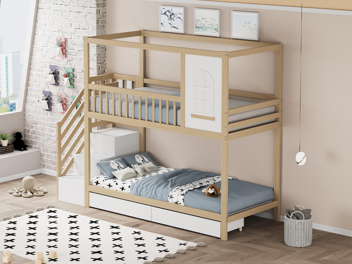 ETAGENBETT 90x200 cm Haus Schubladen natur - Naturfarben, Holz (90/200cm) - LEBENLANG