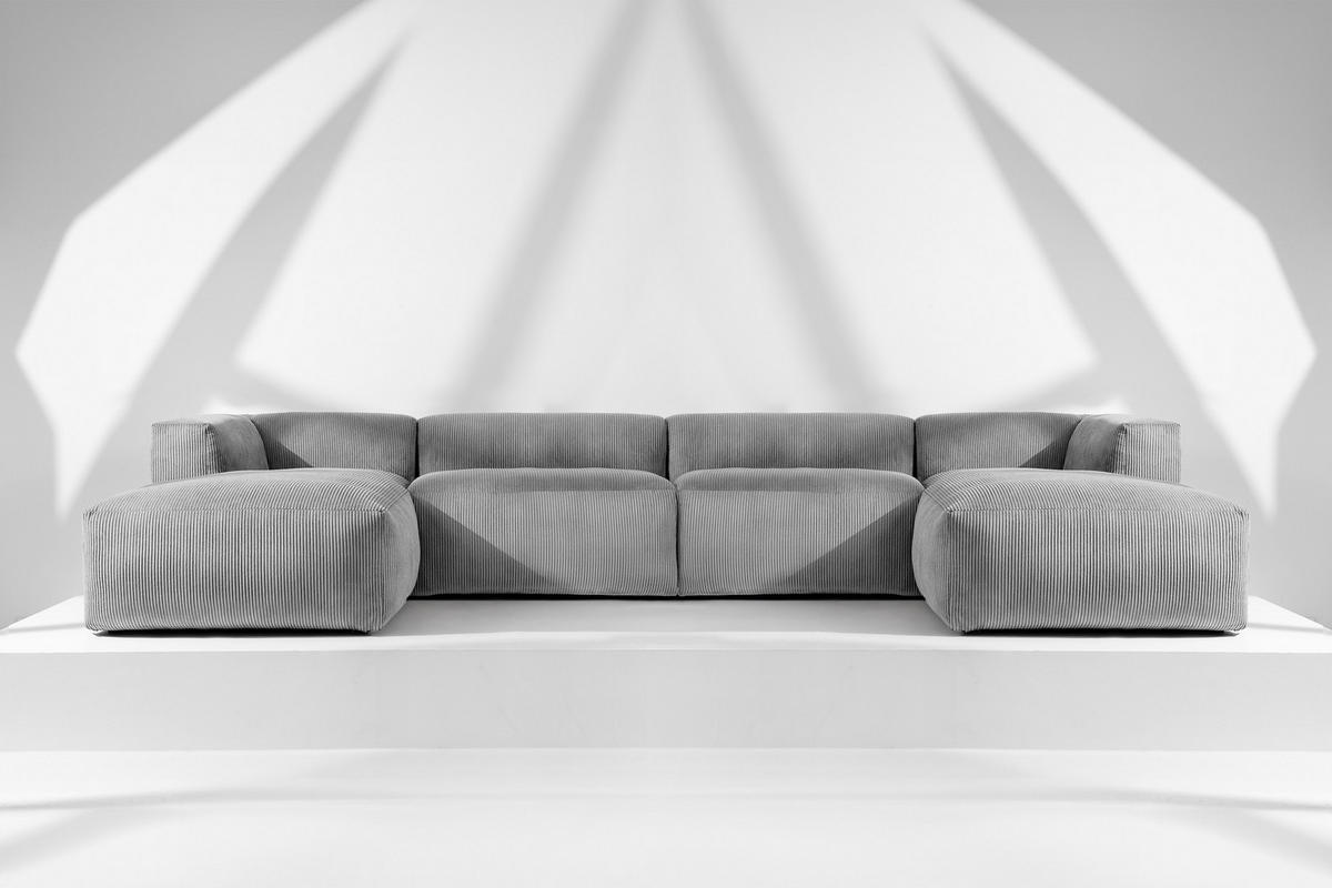 PANORAMA-ECKSOFA BUFFO 7/8 Sitzer mit extrem weicher Sitzfläche, Kordstoff, hellgrau - Hellgrau, Textil (424/73/180cm) - KONSIMO®