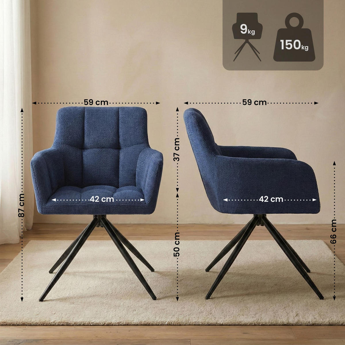 ARMLEHNENSTUHL Stoff Dunkelblau - Schwarz/Dunkelblau, Textil/Metall (59/87/59cm) - CLP