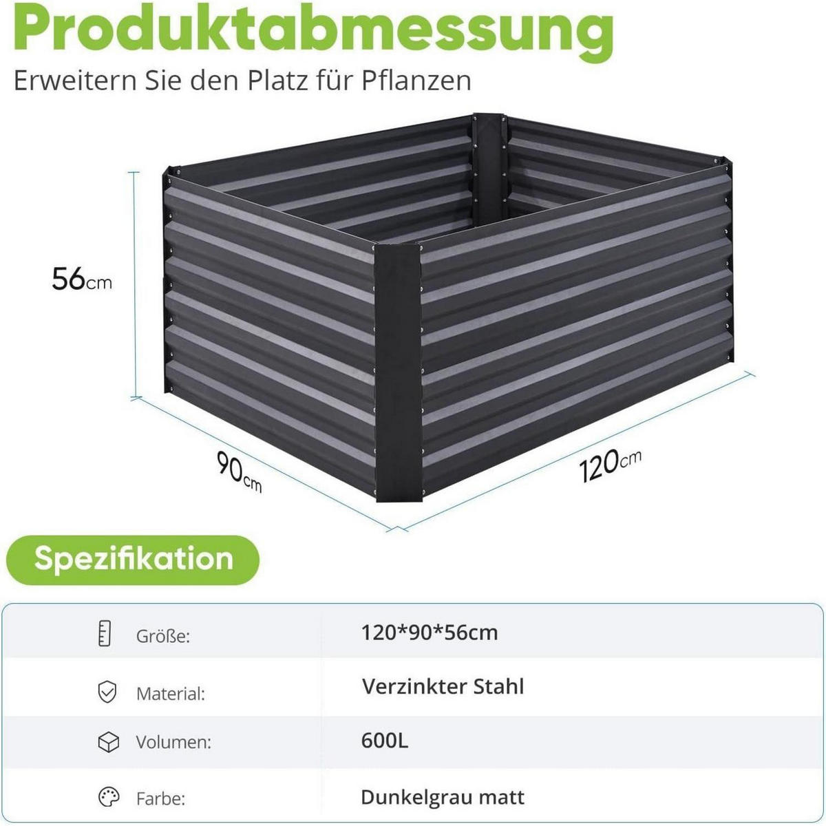 HOCHBEET Metall Grau 120 x 90 x 56 cm mit Tomatenkäfig - Schwarz, Metall (90/56/120cm)