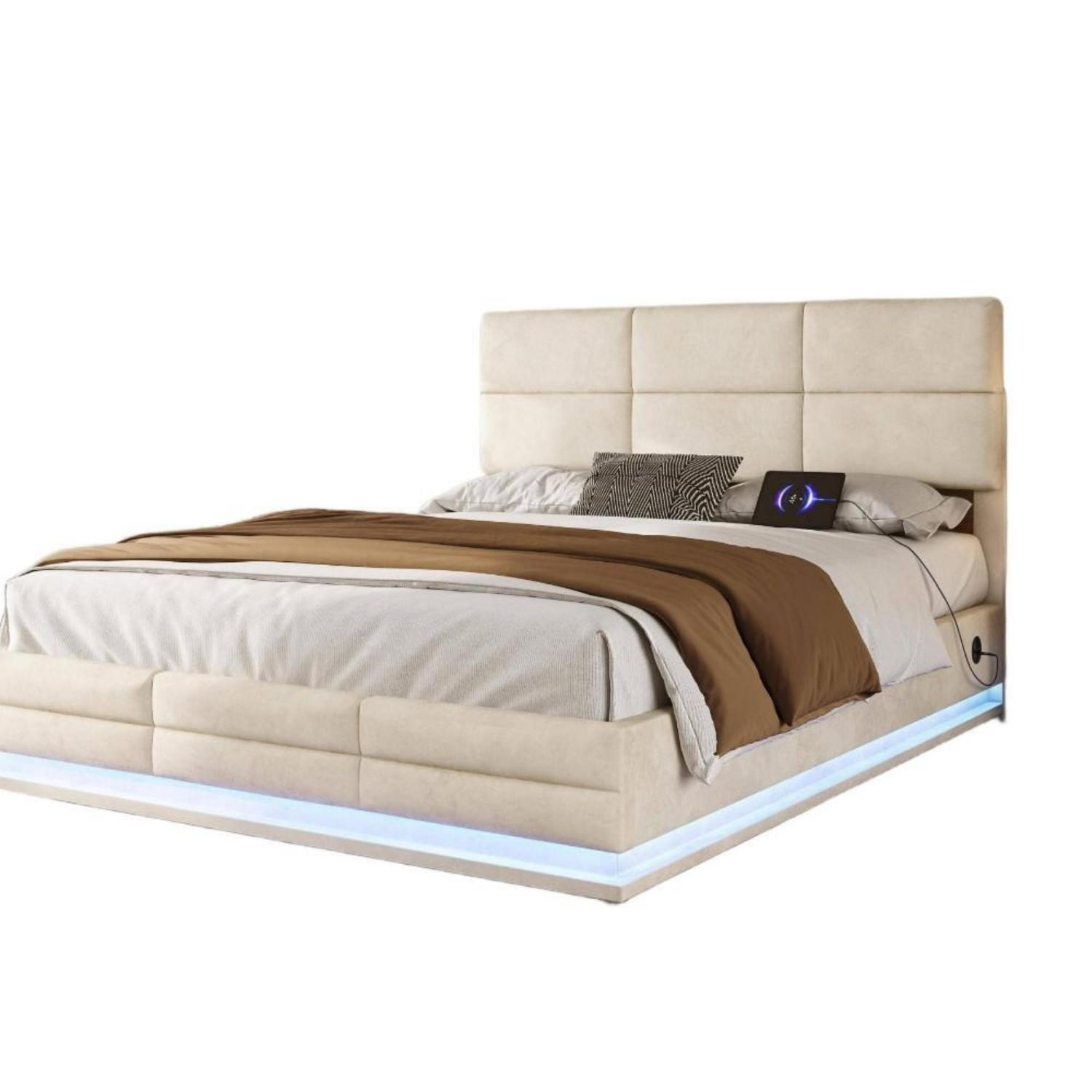 BOXBETT 140/200 mit Bettkasten, LED, USB/Typ C-Ladeanschluss,Samt,Beige - Beige, Holz (140/200cm) - LVHOM