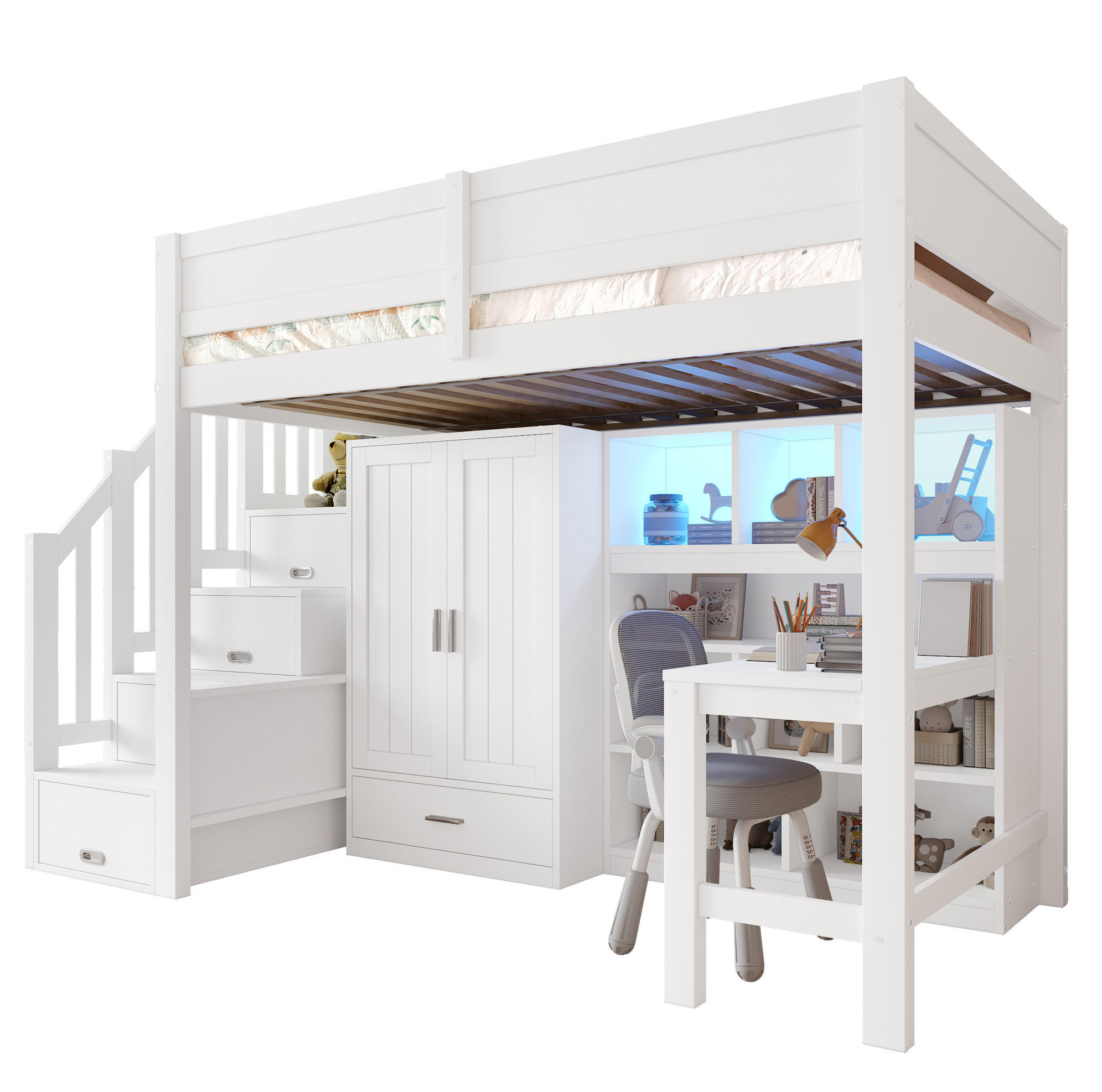 HOCHBETT 90/200 cm, weiß mit Schreibtisch, Regal, Kleiderschrank und LED - Weiß, Holz (90/200cm) - MIVRAY