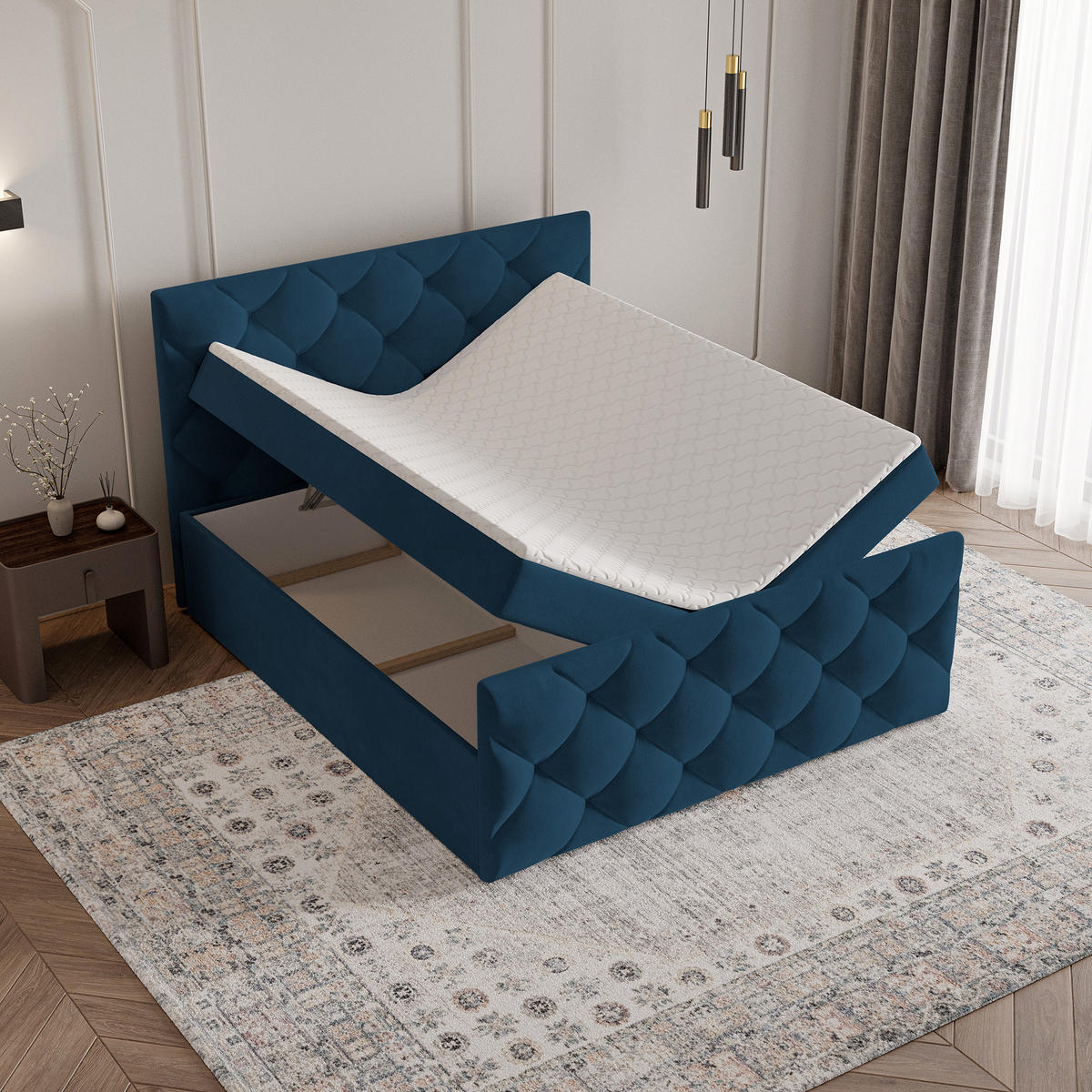 BOXBETT ROVARI 180x200 cm mit Matratze und Topper - Blau - Blau, Holz (180/200cm) - MASSENO