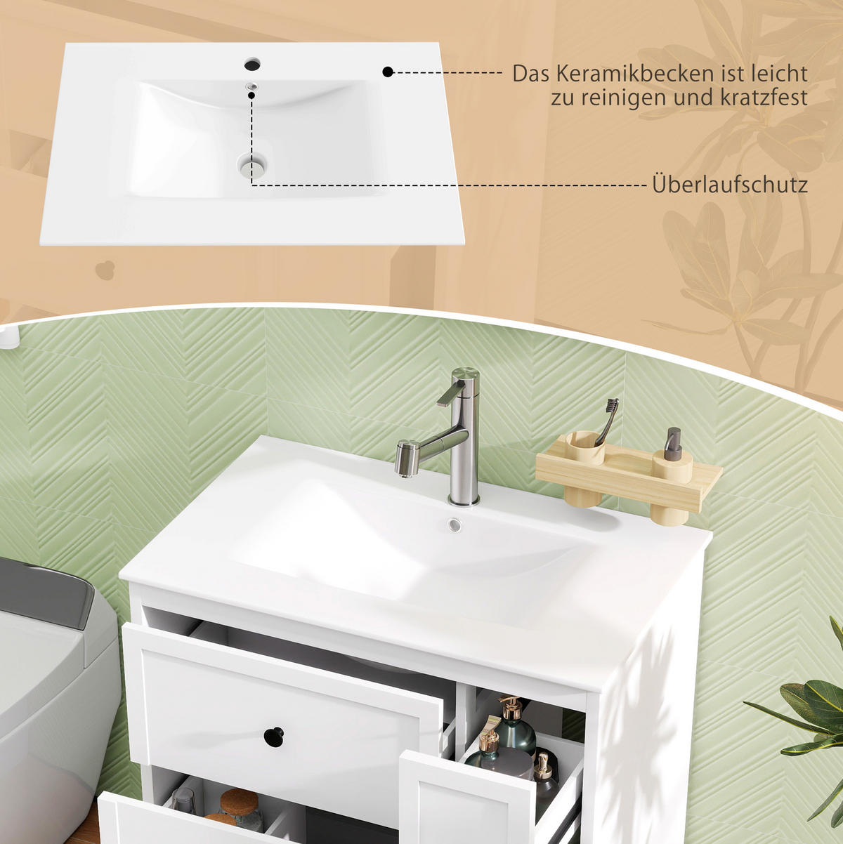 WASCHTISCH aus MDF und Keramik 76x46x82 cm Weiß mit 4 Schubladen und integriertem Keramikbecken - Weiß, Keramik (76/82/46cm) - Modfu