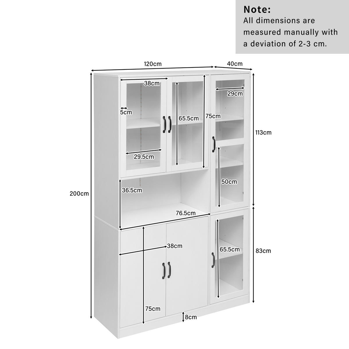 VITRINENSCHRANK aus MDF 40x120x200 cm Weiß mit LED-Beleuchtung, Acryltüren und 9 Stauräumen - Weiß, Holzwerkstoff (120/200/40cm) - Modfu