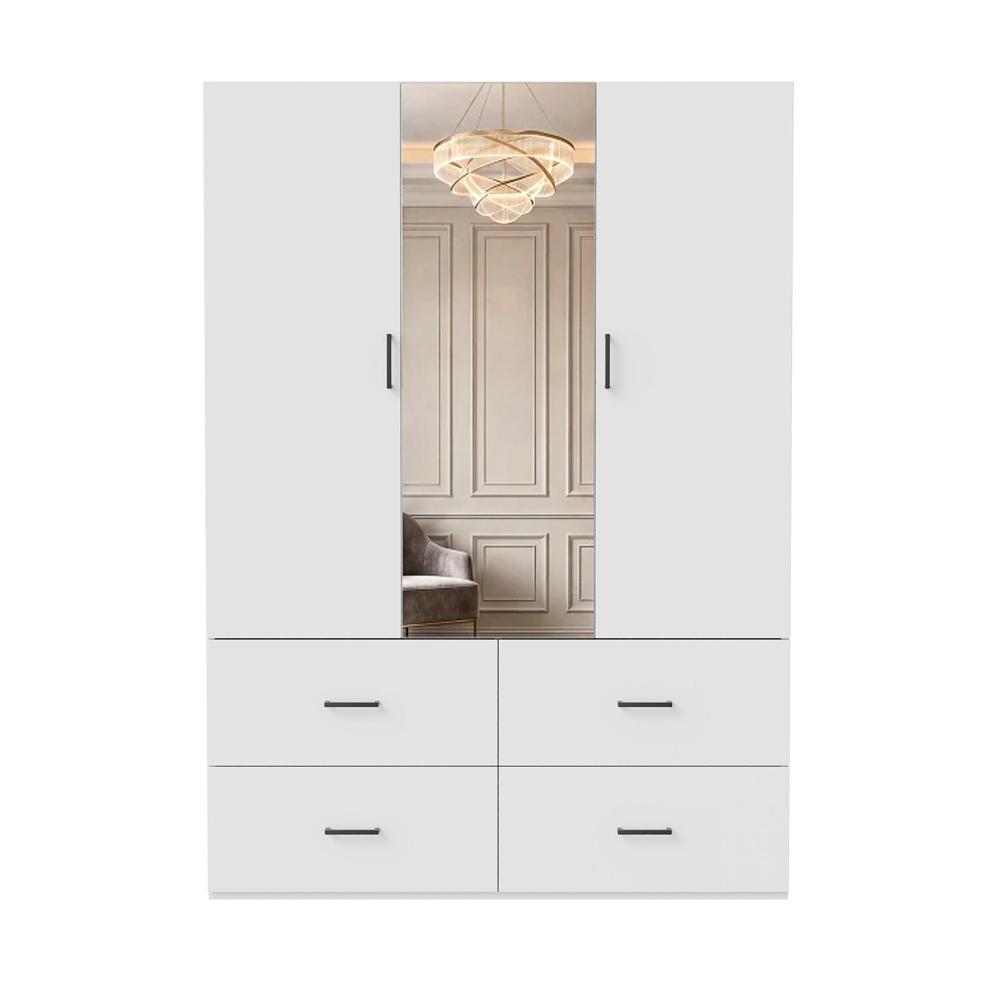 KLEIDERSCHRANK 130cm weiß mit Spiegel und LED, 4 Schubladen, viel Stauraum - Weiß, Holzwerkstoff (51.8/181.5/130cm) - SHOPENTRA