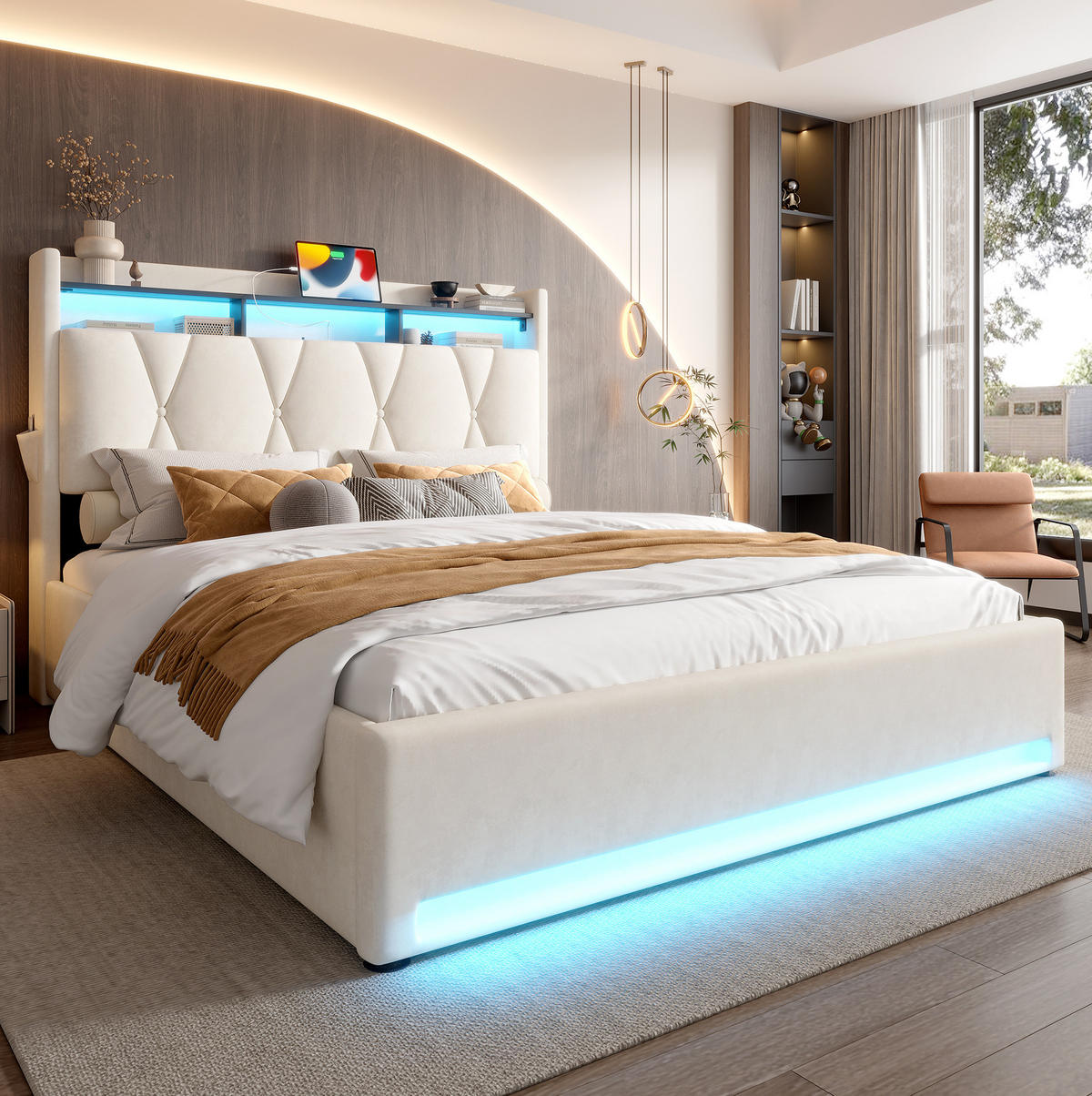 BETT mit Stauraum und LED 140x200 cm Samt Beige - Beige, Metall (140/200cm) - Meubliv