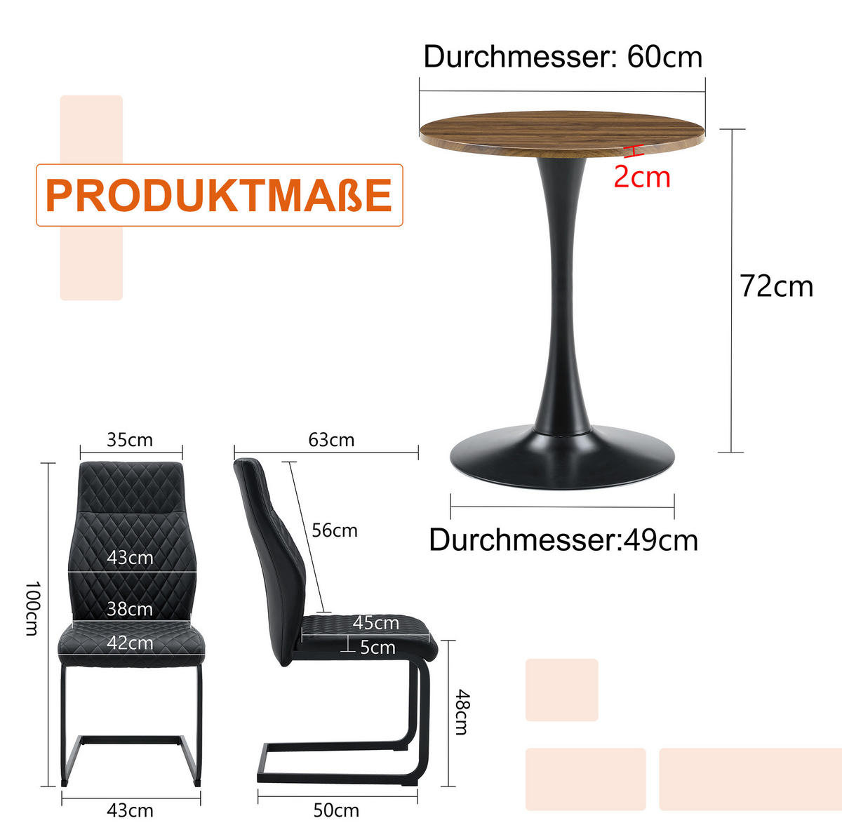 TISCH- UND STUHLSET rund 60 cm MDF Schwarz, 2 Stühle - Schwarz, Metall (60/72/60cm) - Meubliv