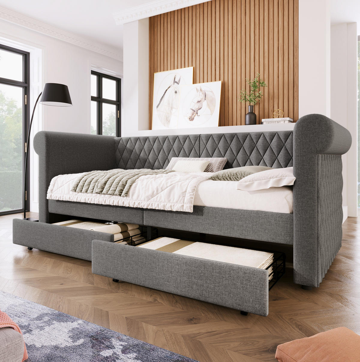 POLSTERBETT 90/200 cm mit 2 Schubladen & gestepptem Leinenbezug, Grau - Grau, Textil (90/200cm) - Redom