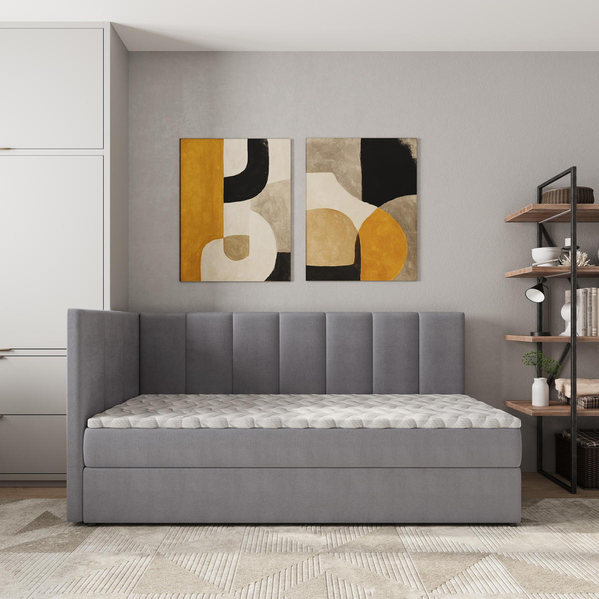 BOXBETT BEVE 80x200 cm mit Matratze und Topper, H2+H3 - Grau - Grau, Holz (80/200cm) - MASSENO