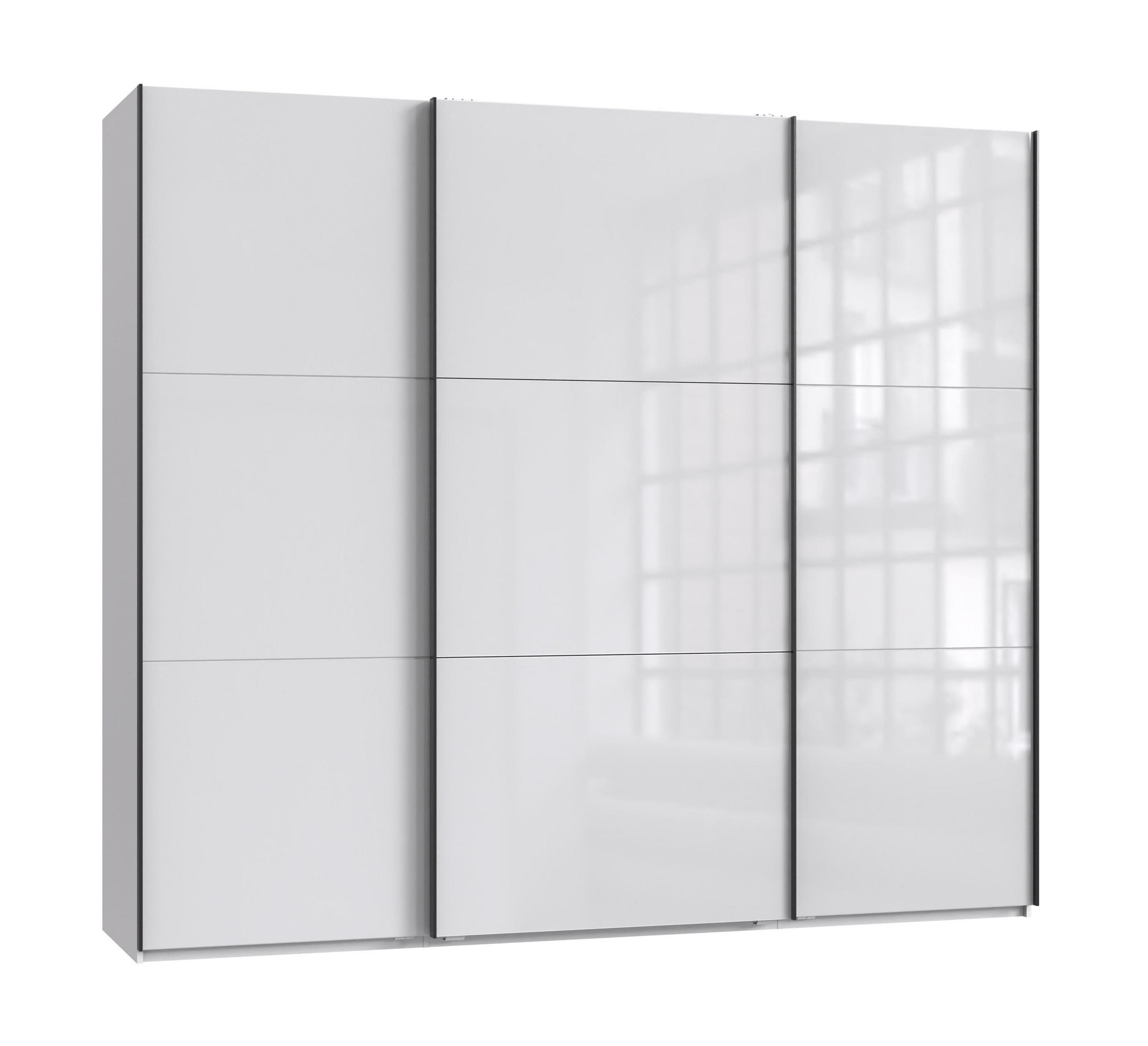 luma-home SKŘÍŇ S POSUVNÝMI DVEŘMI, 3dveřová, šířka 250 cm, výška 216 cm, hloubka 65 cm, bílá barva se skleněnými čely, včetně kompletního vybavení /