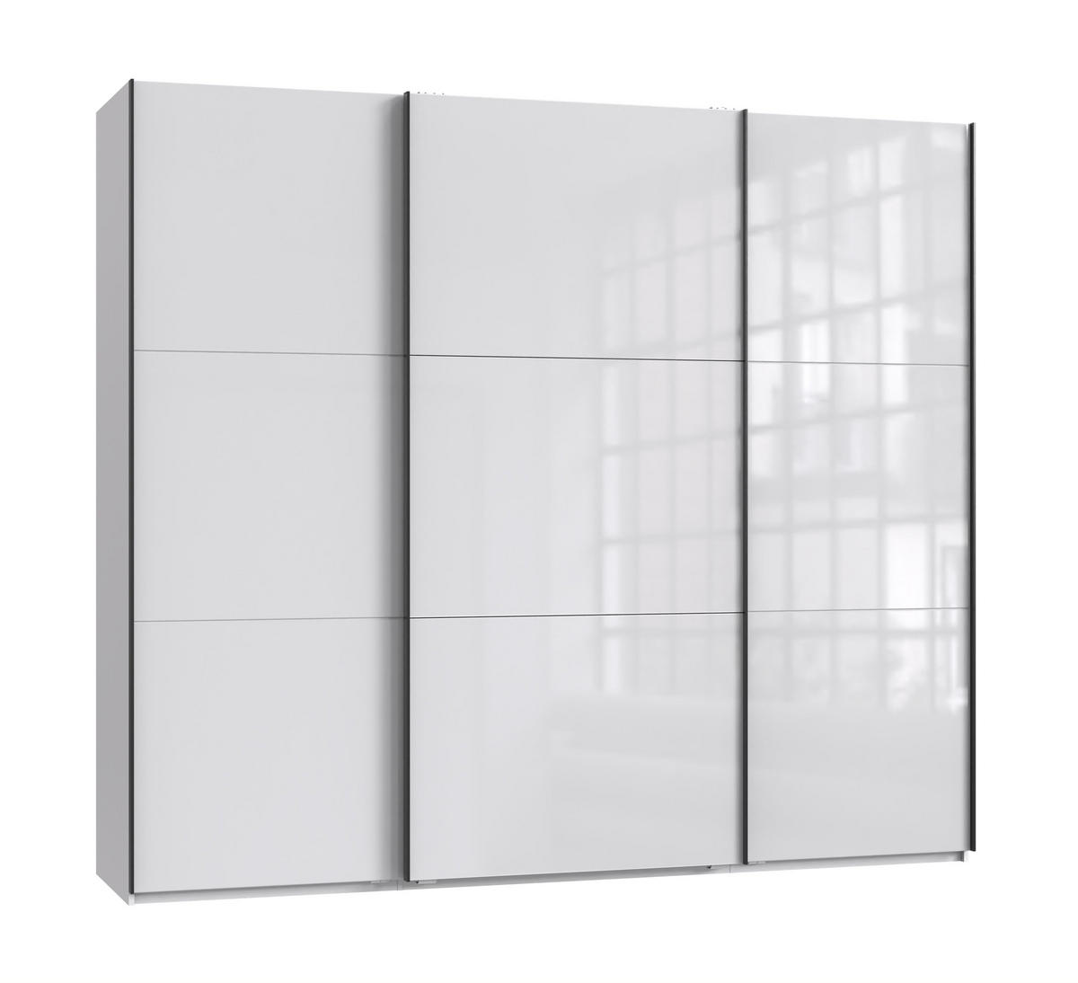 SCHWEBETÜRENSCHRANK 3-türig B250/H216/T65 cm in Weiß mit Glasfront inkl. Vollausstattung / 22030 - Schwarz/Weiß, Holzwerkstoff/Metall (250/216/65cm) - luma-home