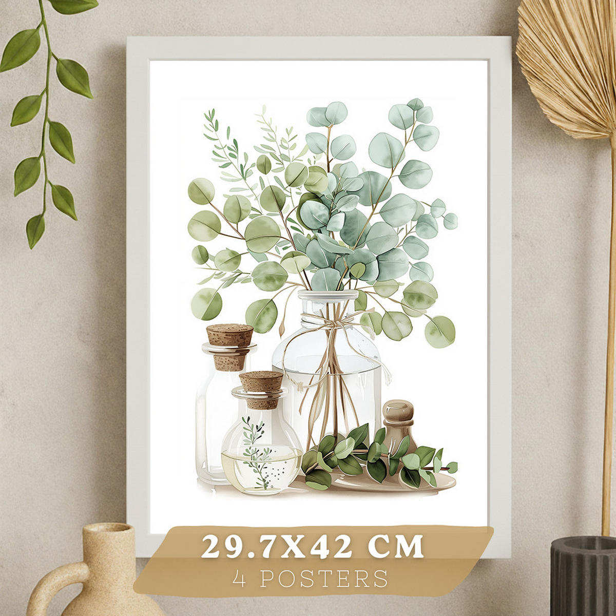 PLAKAT Sada 4 dekorativních nástěnných tisků, Botanická kuchyně. Bohémský venkovský styl. Rustikální kuchyně. Zelené rostliny. Velikost Bílý rám A3 - bílá, papír (29.7/42/3cm) - Nacnic