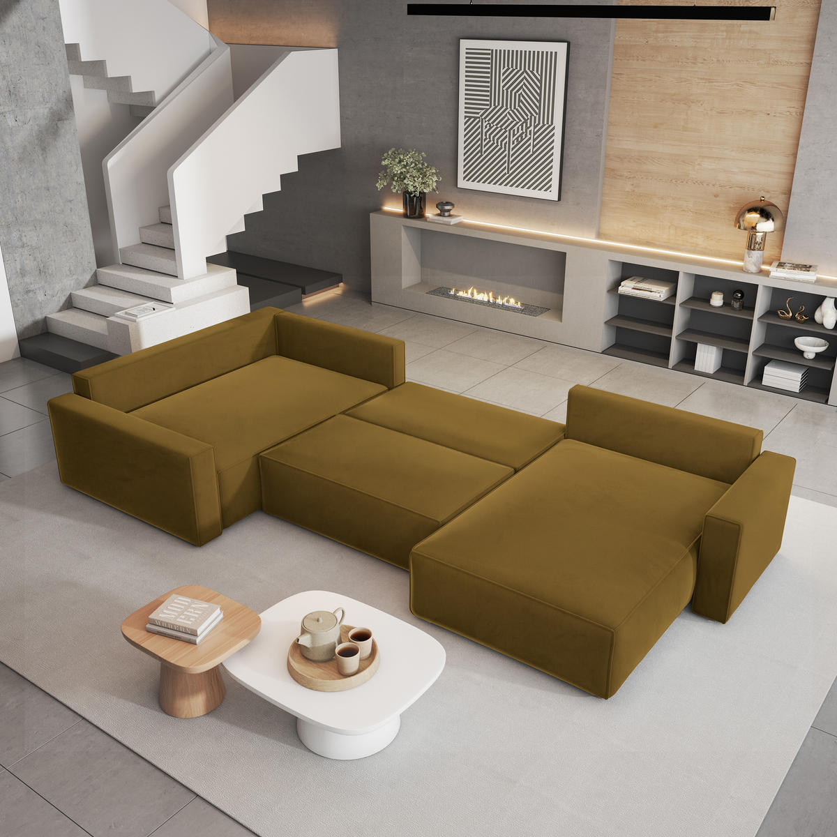 WOHNLANDSCHAFT VELAMI L-S Gelb Velours-Stoff mit Schlaffunktion - Gelb, Holz (365/83/194cm) - MASSENO