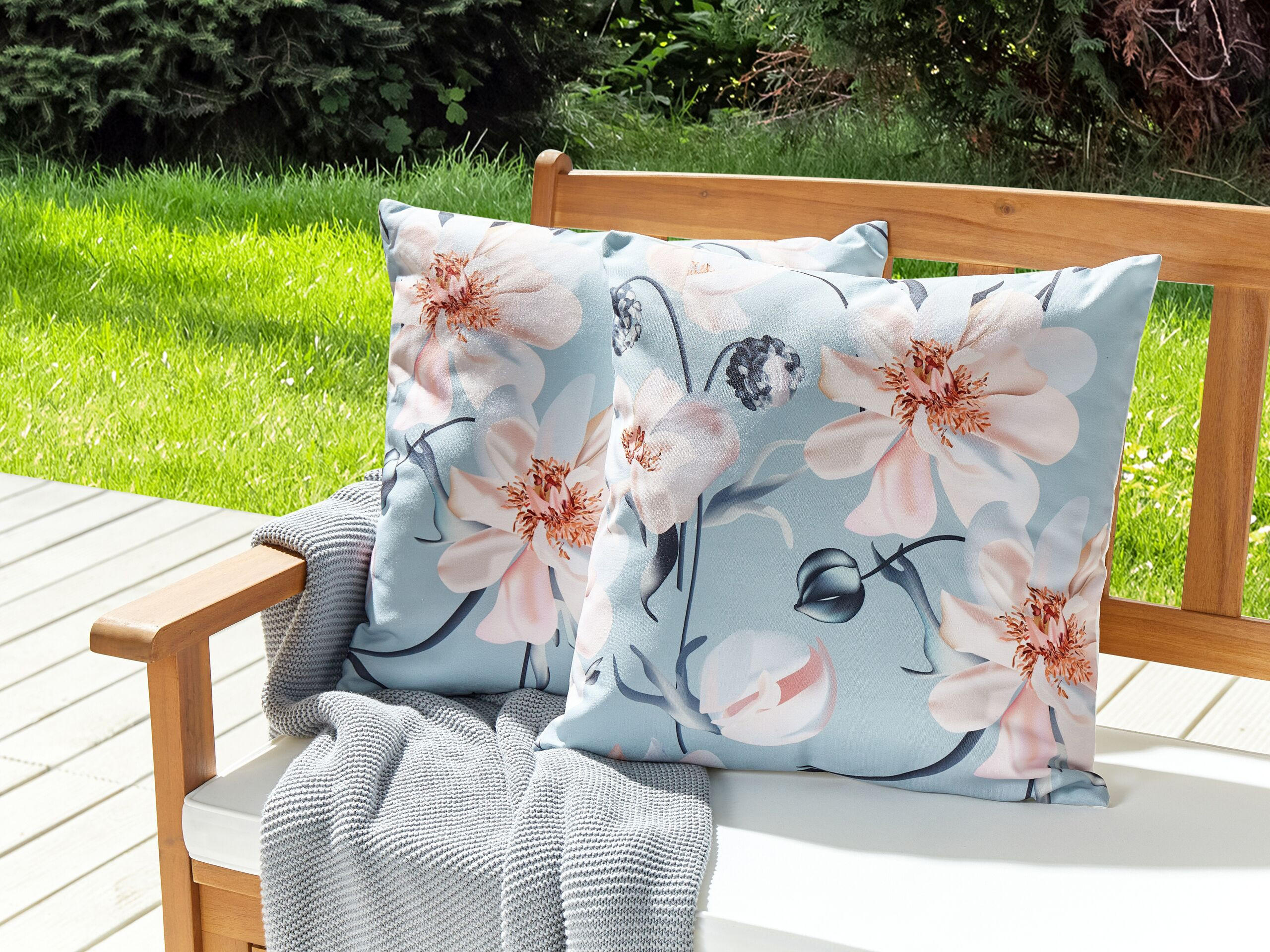 GARTENKISSEN 2er-Set Blumenmuster blau 45/45 cm Apricale - Hellblau, Textil (45/45cm) - Beliani