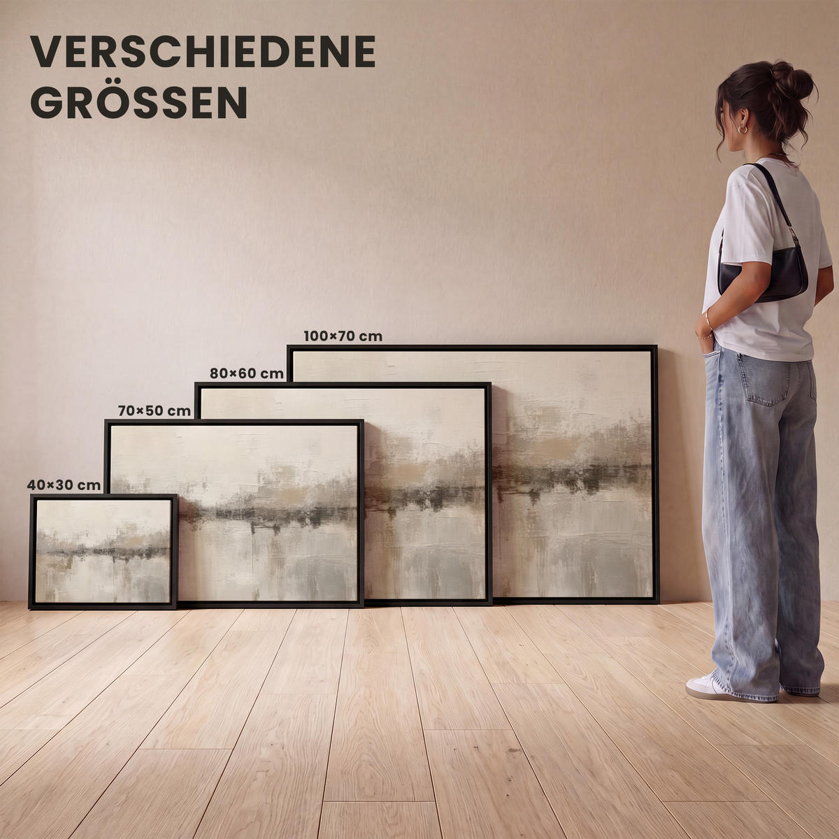 LEINWAND Bilder mit Rahmen - Moderne Kunst - Abstrakt - Beige - 100x70 - Beige, Textil (100/70cm) - MuchoWow