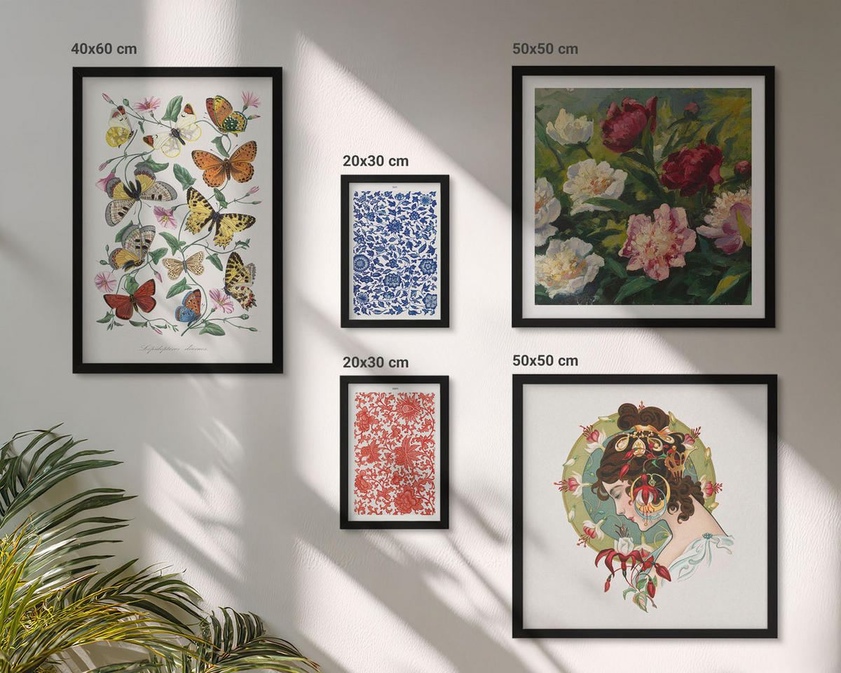 BILDER SET 5er Set - 50x50 cm & 20x30 cm & 40x60 cm Schwarzer Rahmen - Vintage-Blumen-Schmetterlings-Ornamente - Schwarz, Kunststoff (40/60cm) - TULUP
