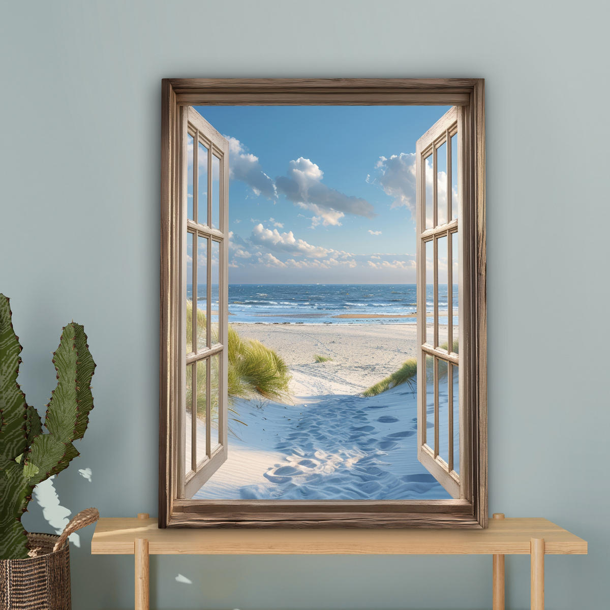 LEINWANDBILD Aussicht - Strand - Fenster - Dünen - Meer 60x80 cm - Hellblau, Textil (60/80cm) - MuchoWow