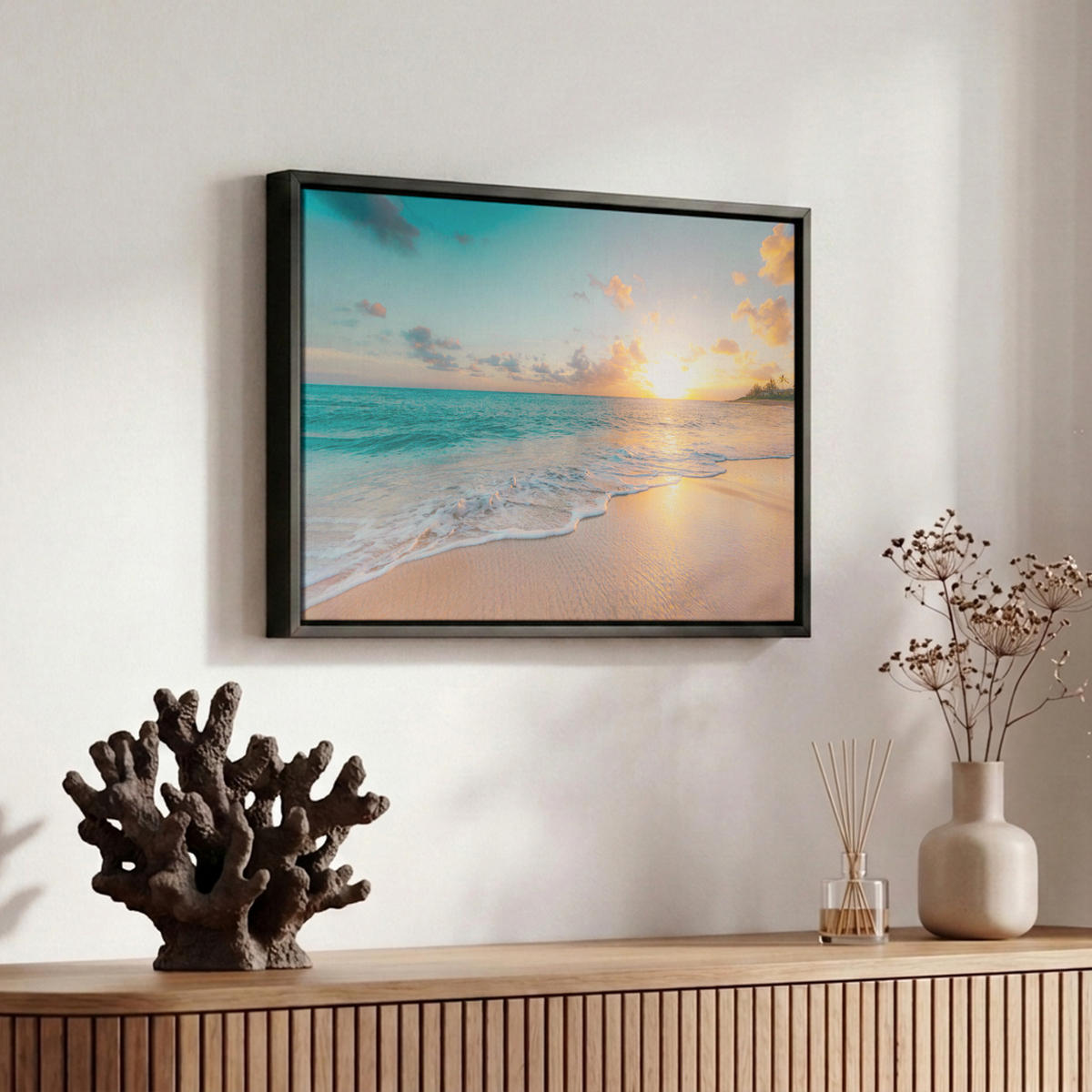 LEINWAND Bilder mit Rahmen - Sonnenuntergang - Strand - Meer - Sommer - Blau - 30x20 - Multicolor, Textil (30/20cm) - MuchoWow
