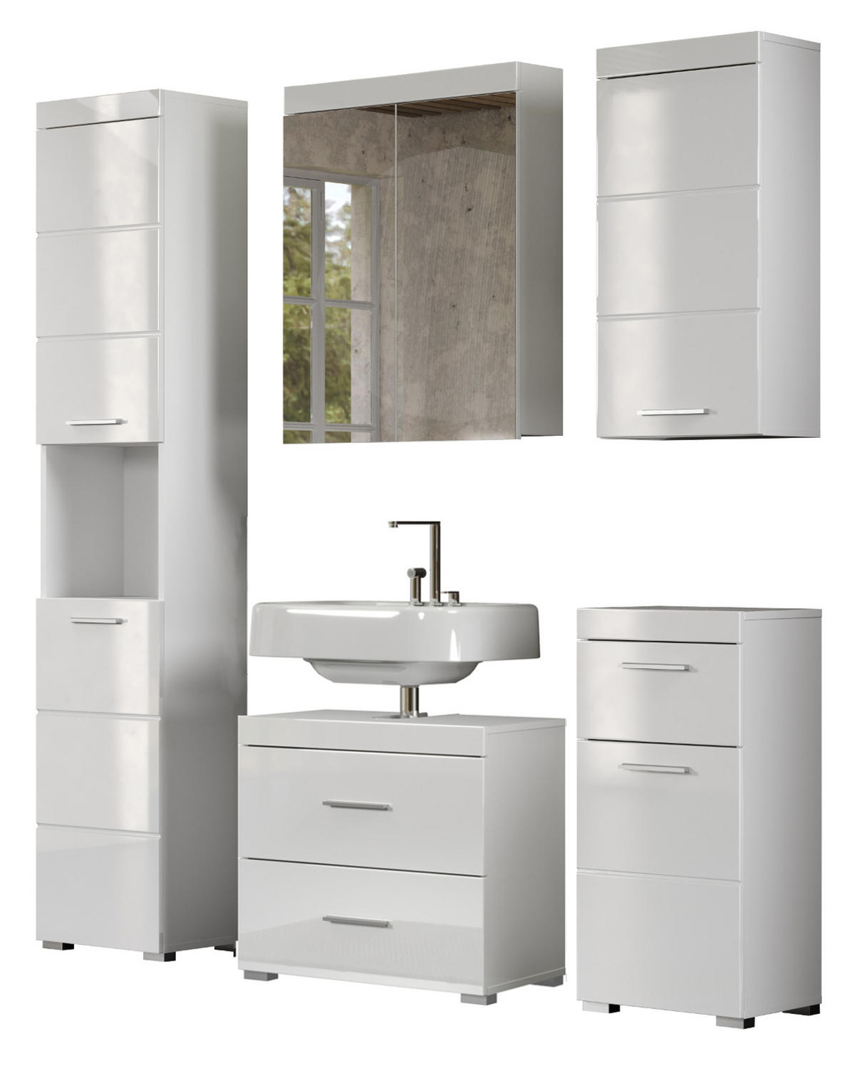 BADMÖBEL-SET weiß Hochglanz 5-teilig 163 x 190 cm, moderne Badezimmer-Schränke - Weiß Hochglanz/Alufarben, Glas/Holzwerkstoff (163/190/34cm) - Top.Furn
