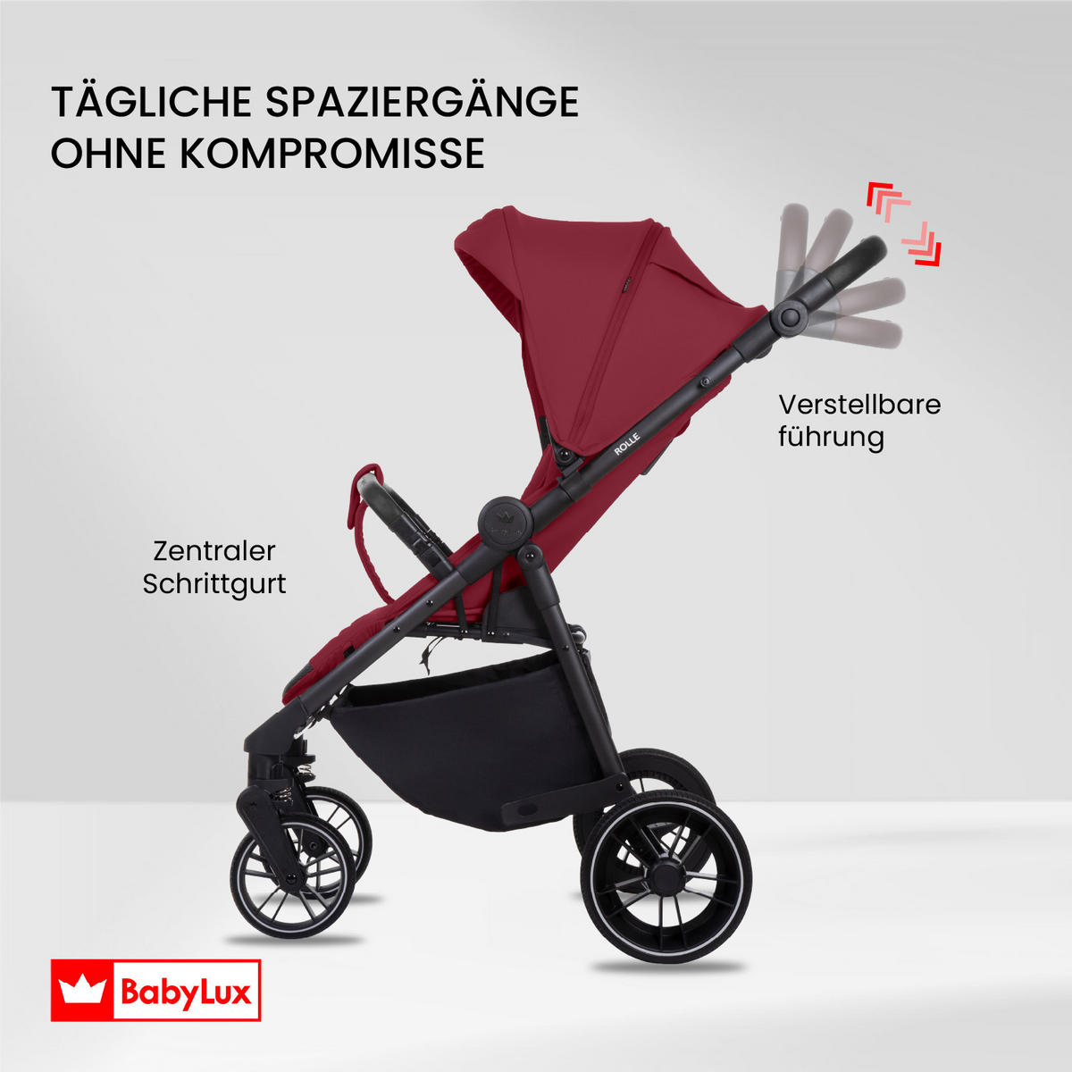 BUGGY Rolle, Klein und Leicht, Teleskopische Führung, Kompakt Faltbar, Wickeltasche, Reisetasche - Rot/Schwarz, Textil/Metall (58/99cm) - BabyLux