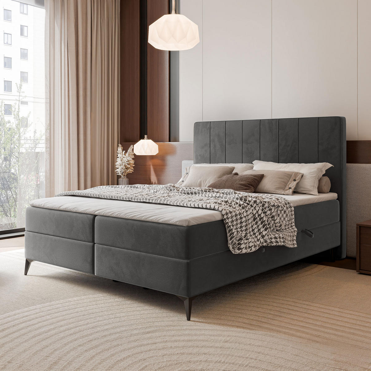 BOXBETT VERA 120x200 cm mit Matratze und Topper, Dichter wasserabweisender Samt Grau - Grau, Textil (120/200cm) - Idohome