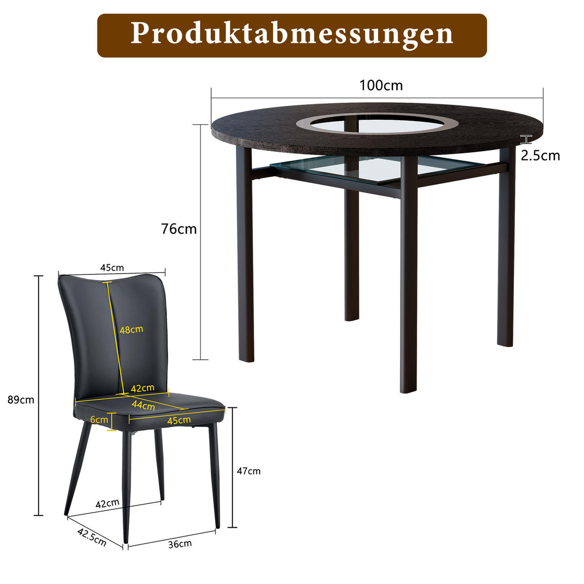 ESSGRUPPE DE-39380 5-teilig, mit 4 PU-Sesseln und Glasplatte Schwarz - Schwarz, Metall (100/76/100cm) - ComfortXL