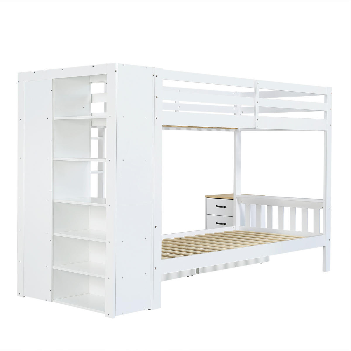 ETAGENBETT 90/200 cm mit 2 Bettkästen und Stauraumregal, DE-41776, in Weiß/Natur - Weiß, Holzwerkstoff (90/200cm) - ComfortXL