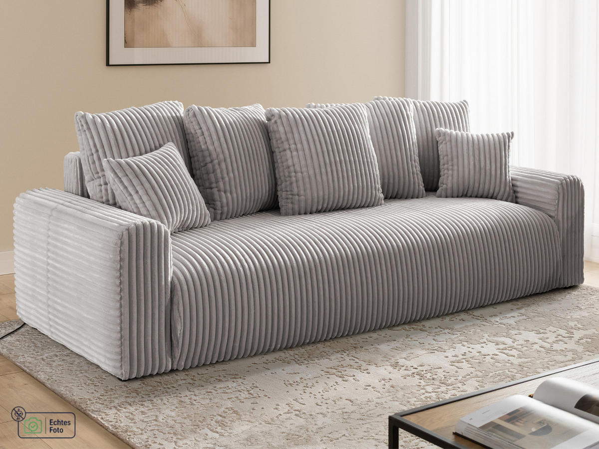 SCHLAFSOFA Calma mit Bettkasten im Bumpy-Design aus weichem Hellgrau Plüschcord - Hellgrau/Schwarz, Holz/Kunststoff (239/88/98cm) - S-Style