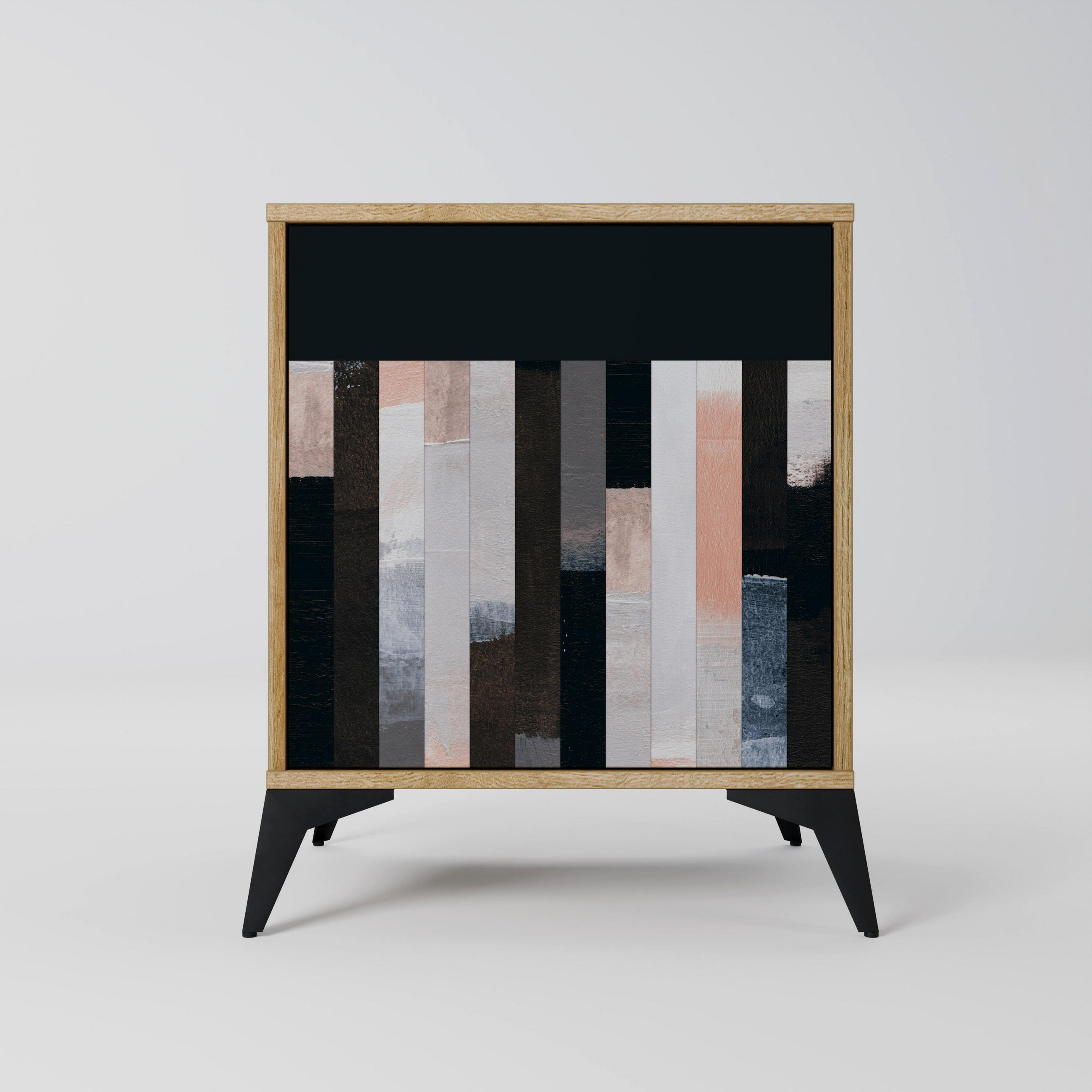 SIDEBOARD COLLAGE OF RECTANGLES, Eichefarben, 57,5x42x70,5 cm, Schwarze Metall-Sternfüße - Eichefarben/Multicolor, Holzwerkstoff/Metall (57.5/70.5/42cm) - SpaceRebels