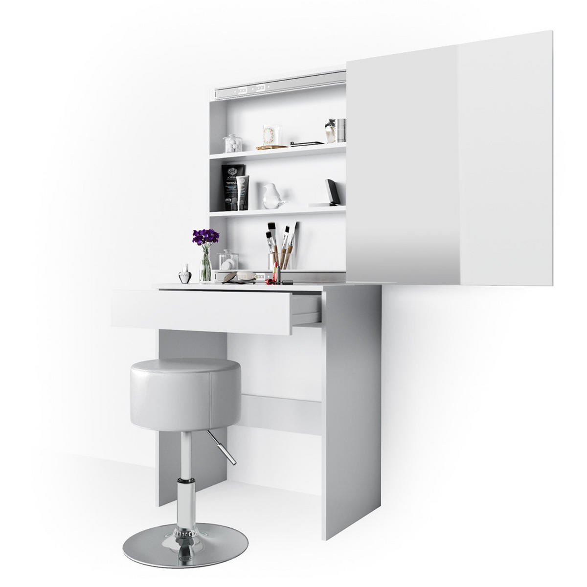 SCHMINKTISCH Melle Weiß 68 cm mit Hocker - Weiß, Holzwerkstoff (68/155/42cm) - Vicco