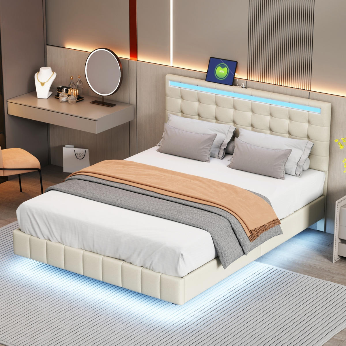 POLSTERBETT 140x200 cm Beige Leinen LED USB - Beige, Holz (140/200cm) - SHOPENTRA