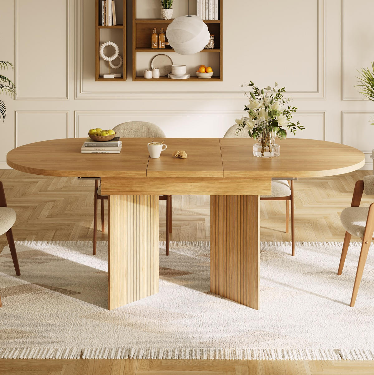 ESSTISCH aus MDF 120-160x80x75 cm Naturholzfarben mit Ausziehfunktion und gerillten Panel-Beinen - Hellbraun, Holzwerkstoff (120/80/75cm) - Modfu