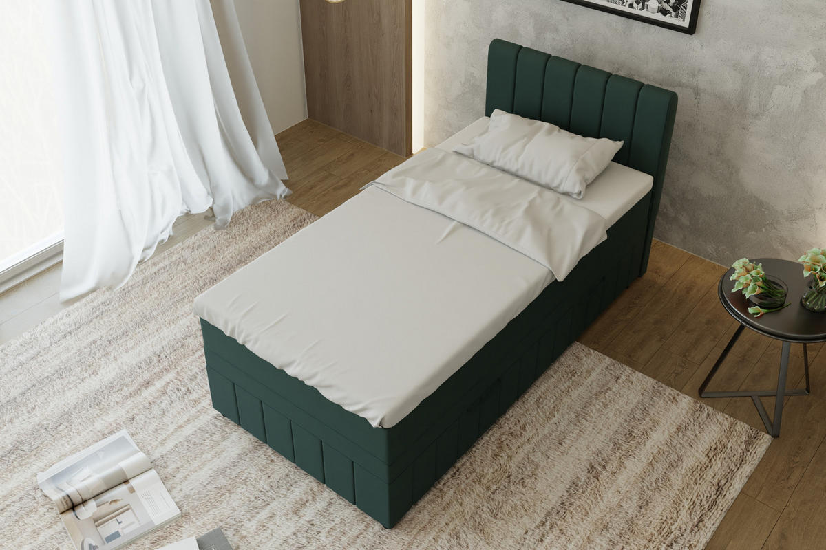BOXBETT AVALON 100 x 200 cm mit Bettkasten und Topper - Dunkelgrün - Dunkelgrün, Holz - Panda Möbel