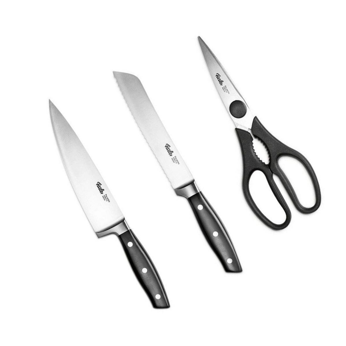 MESSERSET PROFI 3-tlg Kochmesser 19 cm Brotmesser 18 cm Küchenschere Edelstahl Schwarz - Silberfarben/Schwarz, Kunststoff/Metall - Fissler