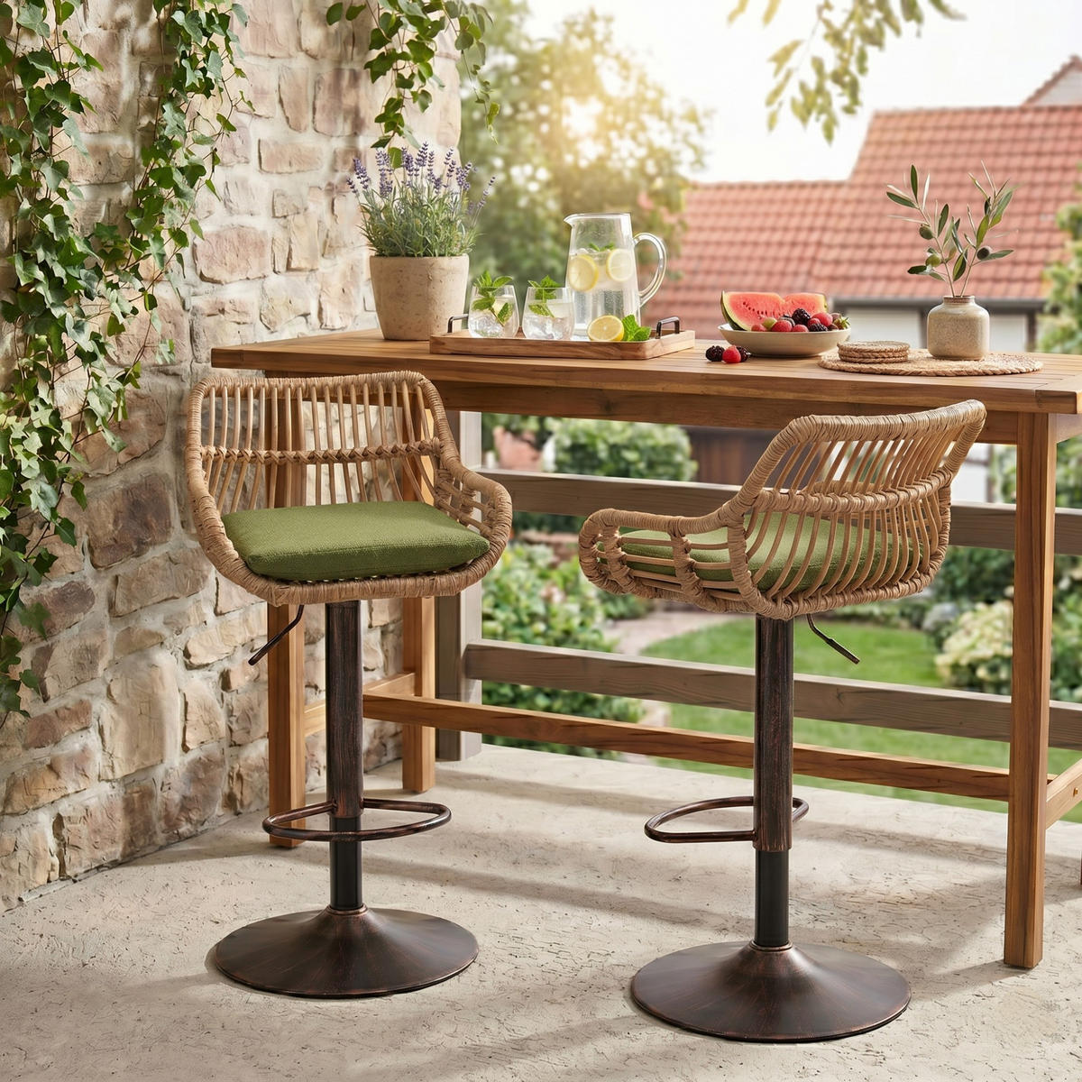 BARHOCKER,DREHSTUHL,RATTAN 360° drehbar, 2er-Set,Grün - Grün, Metall (38/109/39cm) - LVHOM